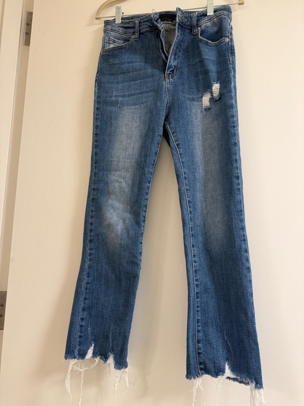 Blue Distressed Flare Jeans with Frayed Hem